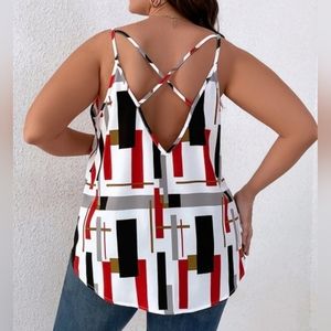 NWOT SHEIN LUNE PLUS Geo Print White & Red Cross-Over Tank Top-(1XL)